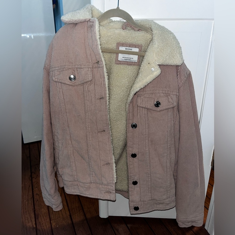 Bershka Light Pink Corduroy Jacket with Sherpa Lining